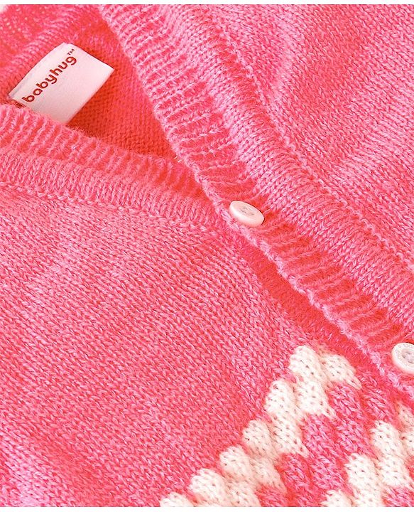 Babyhug Knit Full Sleeves Front Open Sweater & Pant Set with Cap and Booties Shell Design - Pink & White