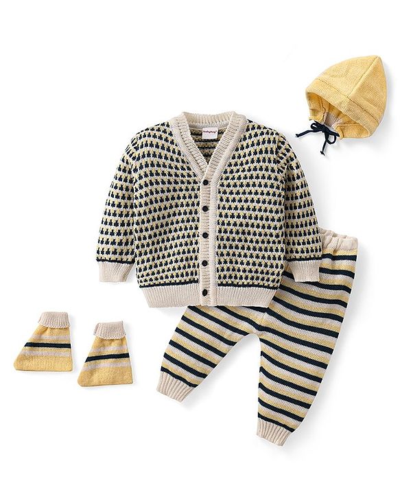 Babyhug Knitted Full Sleeves Front Open Sweater Set with Striped Design Cap & Booties - Beige
