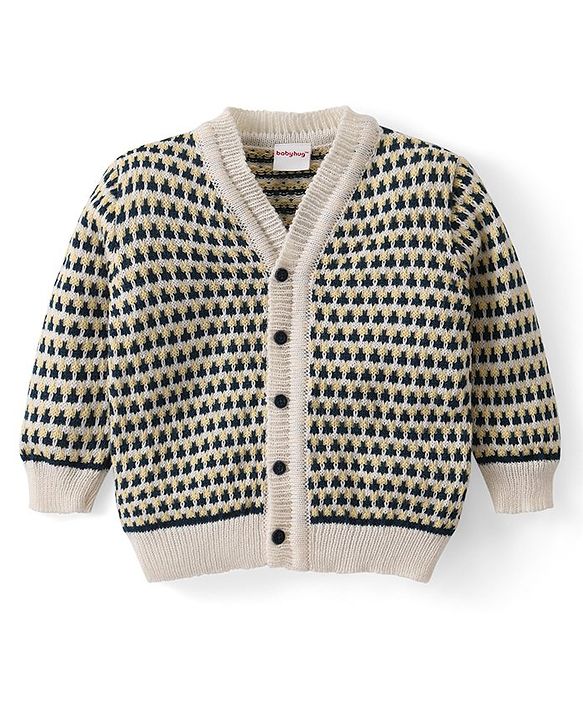 Babyhug Knitted Full Sleeves Front Open Sweater Set with Striped Design Cap & Booties - Beige