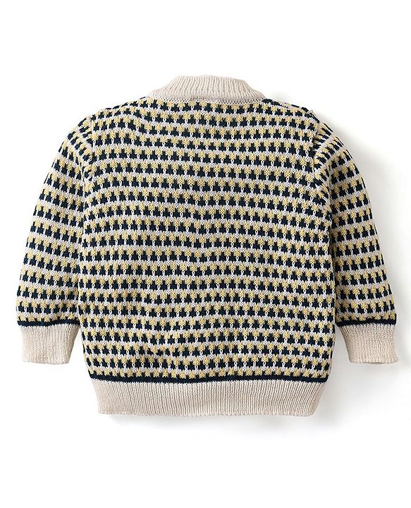 Babyhug Knitted Full Sleeves Front Open Sweater Set with Striped Design Cap & Booties - Beige