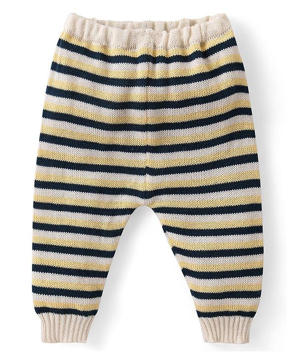 Babyhug Knitted Full Sleeves Front Open Sweater Set with Striped Design Cap & Booties - Beige