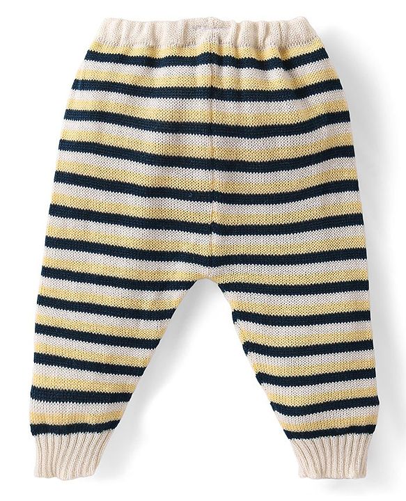 Babyhug Knitted Full Sleeves Front Open Sweater Set with Striped Design Cap & Booties - Beige