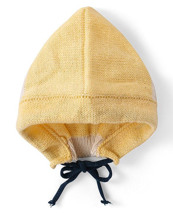 Babyhug Knitted Full Sleeves Front Open Sweater Set with Striped Design Cap & Booties - Beige