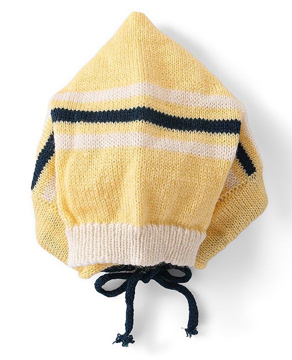 Babyhug Knitted Full Sleeves Front Open Sweater Set with Striped Design Cap & Booties - Beige