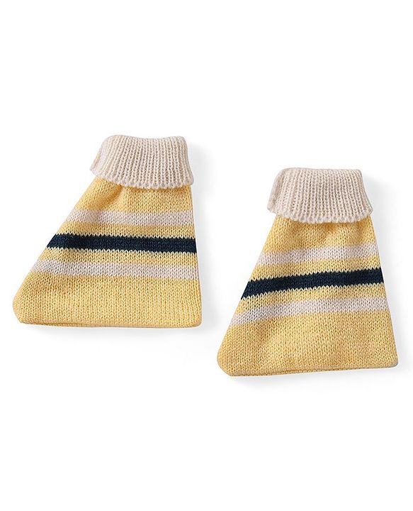 Babyhug Knitted Full Sleeves Front Open Sweater Set with Striped Design Cap & Booties - Beige