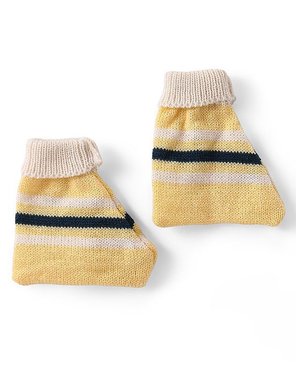 Babyhug Knitted Full Sleeves Front Open Sweater Set with Striped Design Cap & Booties - Beige