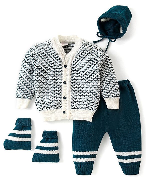 Babyhug Knit Full Sleeves All Over Design Hooded Sweater & Pant Set with Cap and Booties - Navy