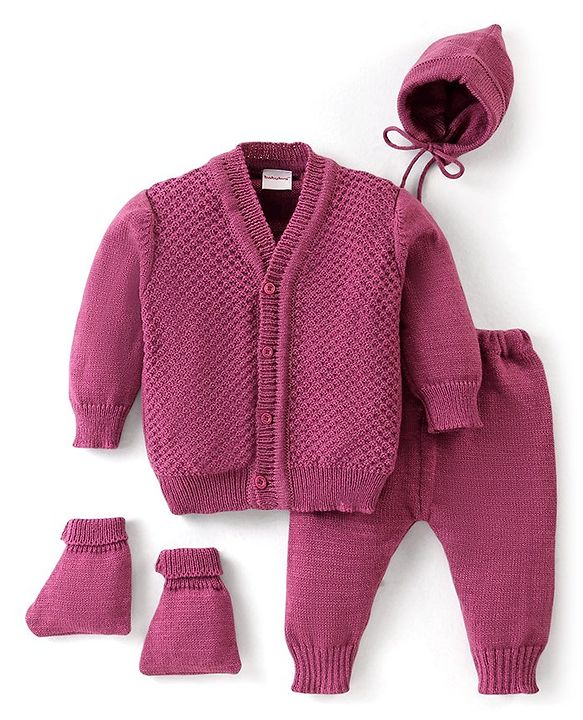 Babyhug Knit Full Sleeves Front Open Solid Color Sweater & Pant Set with Cap and Booties -Purple