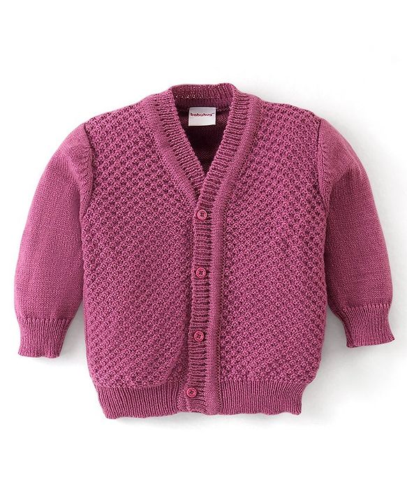 Babyhug Knit Full Sleeves Front Open Solid Color Sweater & Pant Set with Cap and Booties -Purple