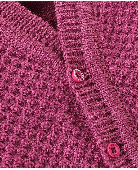 Babyhug Knit Full Sleeves Front Open Solid Color Sweater & Pant Set with Cap and Booties -Purple
