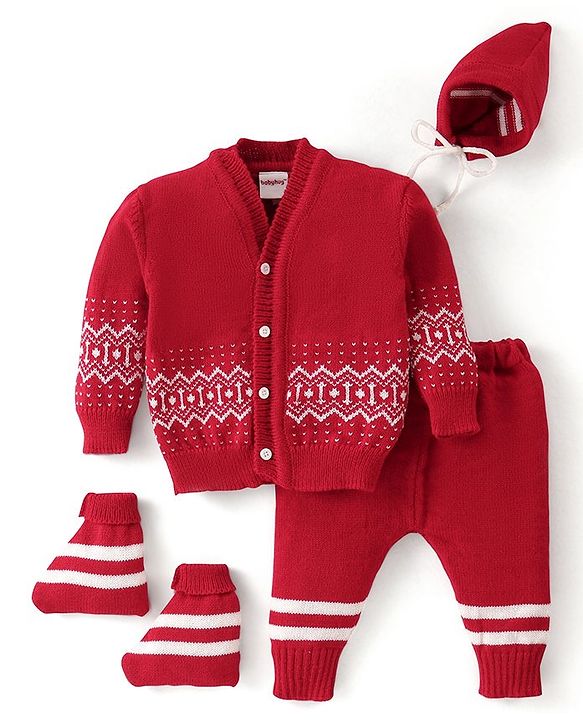 Babyhug Knit Full Sleeves Front Open Sweater & Pant Set with Cap and Booties Chevron Design - Red