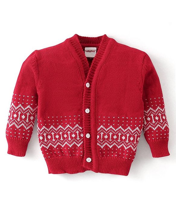 Babyhug Knit Full Sleeves Front Open Sweater & Pant Set with Cap and Booties Chevron Design - Red