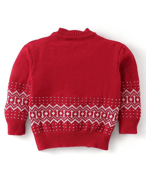 Babyhug Knit Full Sleeves Front Open Sweater & Pant Set with Cap and Booties Chevron Design - Red