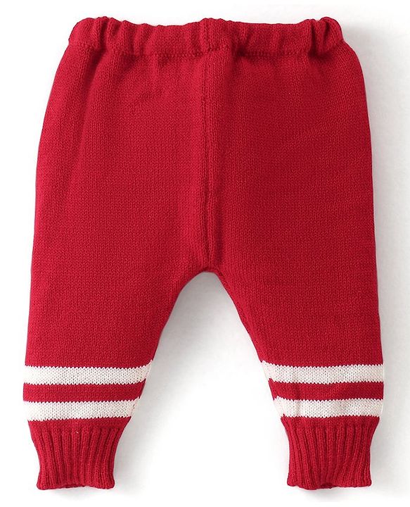 Babyhug Knit Full Sleeves Front Open Sweater & Pant Set with Cap and Booties Chevron Design - Red