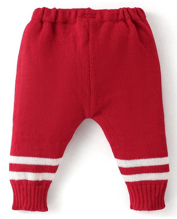 Babyhug Knit Full Sleeves Front Open Sweater & Pant Set with Cap and Booties Chevron Design - Red