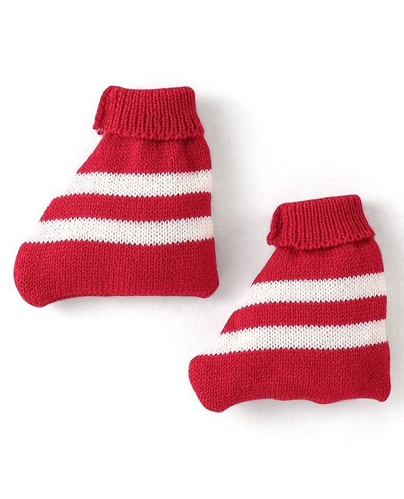 Babyhug Knit Full Sleeves Front Open Sweater & Pant Set with Cap and Booties Chevron Design - Red