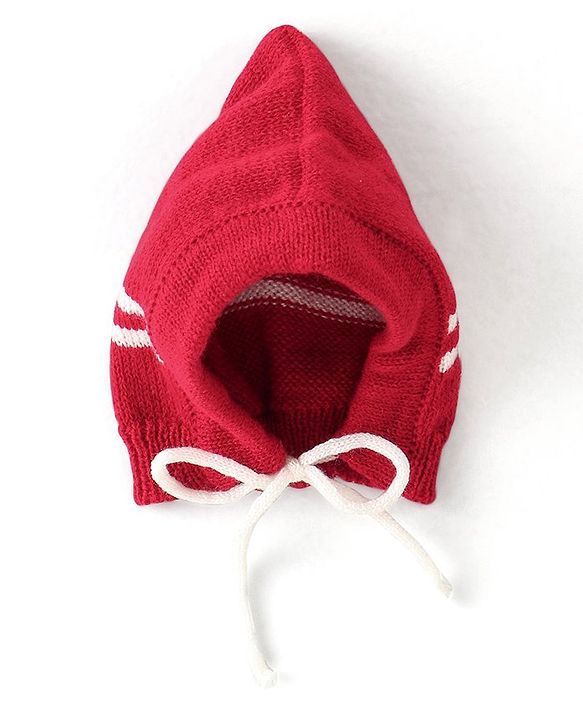Babyhug Knit Full Sleeves Front Open Sweater & Pant Set with Cap and Booties Chevron Design - Red