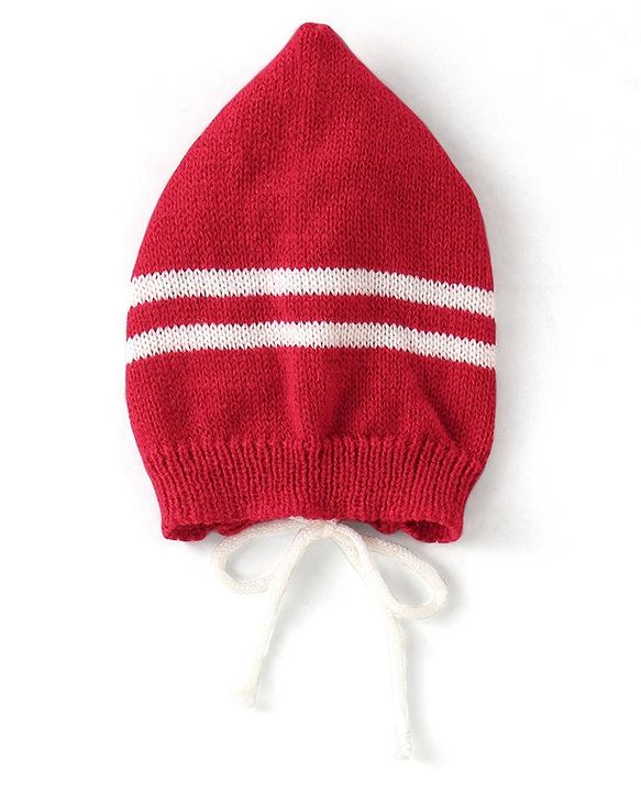 Babyhug Knit Full Sleeves Front Open Sweater & Pant Set with Cap and Booties Chevron Design - Red