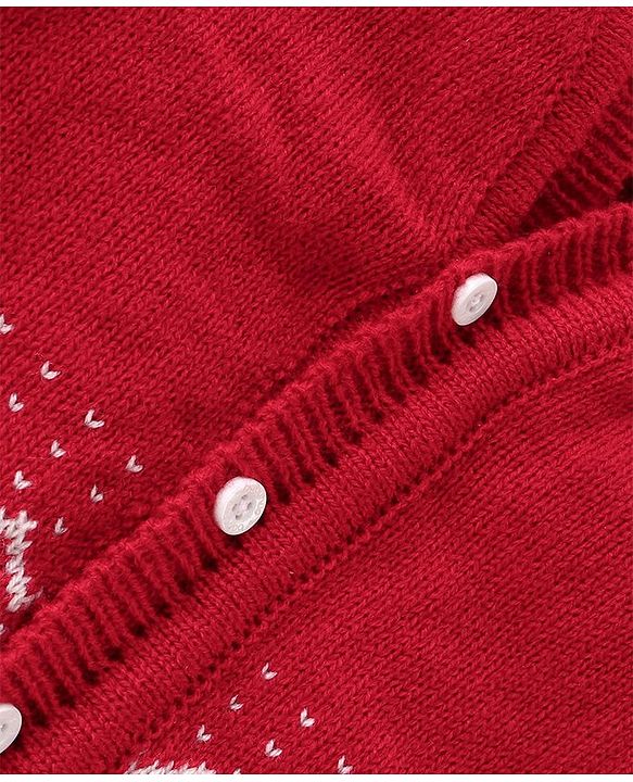 Babyhug Knit Full Sleeves Front Open Sweater & Pant Set with Cap and Booties Chevron Design - Red