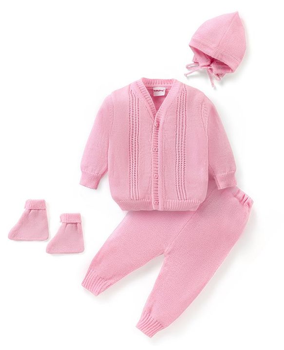 Babyhug Knitted Full Sleeves Front Open Sweater Set with Cap & Pair of Booties - Pink