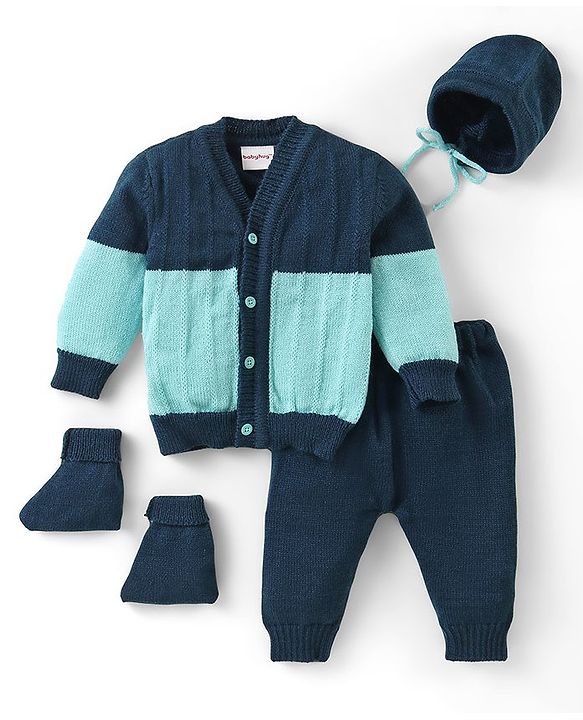 Babyhug Knitted Full Sleeves Front Open Sweater & Pant Set with Cap &  Booties Solid Colour  - Navy Blue