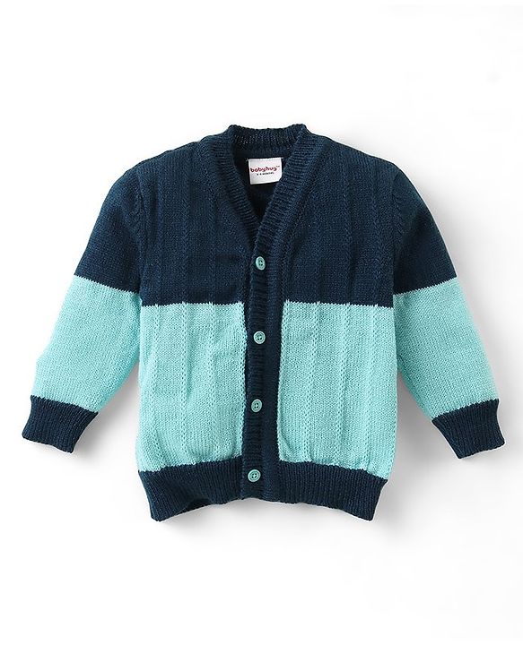 Babyhug Knitted Full Sleeves Front Open Sweater & Pant Set with Cap &  Booties Solid Colour  - Navy Blue