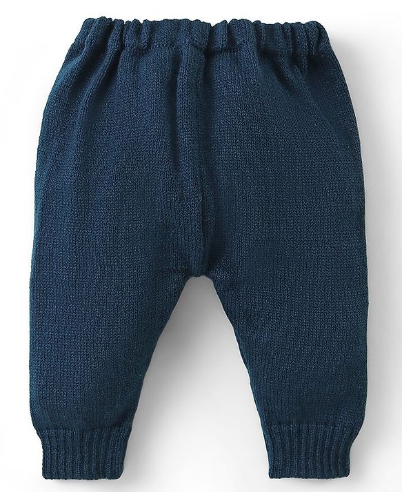 Babyhug Knitted Full Sleeves Front Open Sweater & Pant Set with Cap &  Booties Solid Colour  - Navy Blue