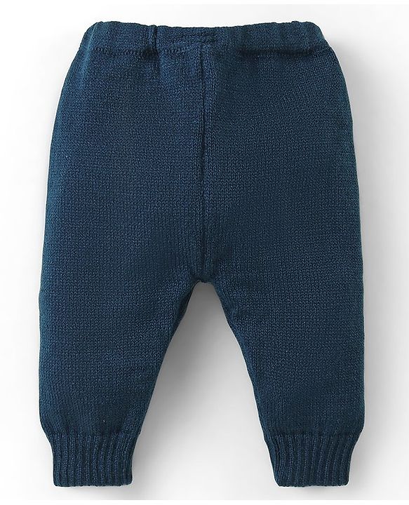 Babyhug Knitted Full Sleeves Front Open Sweater & Pant Set with Cap &  Booties Solid Colour  - Navy Blue