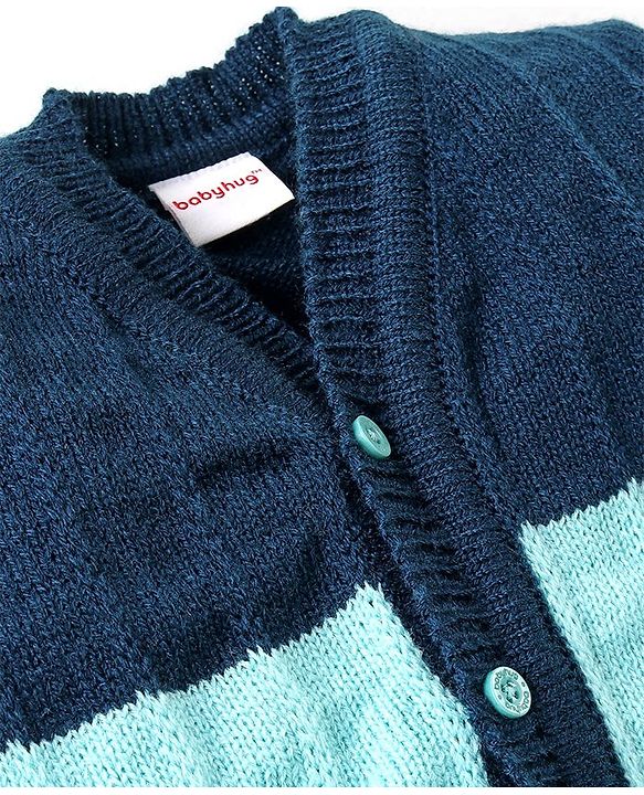 Babyhug Knitted Full Sleeves Front Open Sweater & Pant Set with Cap &  Booties Solid Colour  - Navy Blue