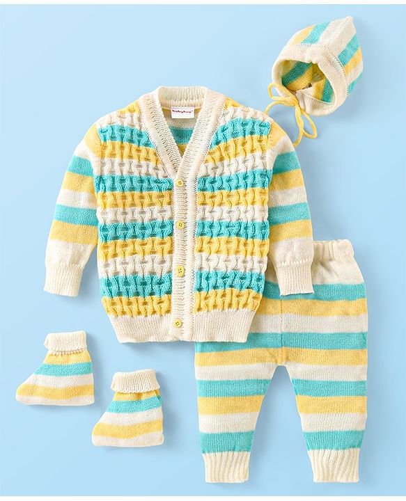 Babyhug Knitted Full Sleeves Baby Sweater Set with Cap & Booties Cable Knit Design - Multicolor