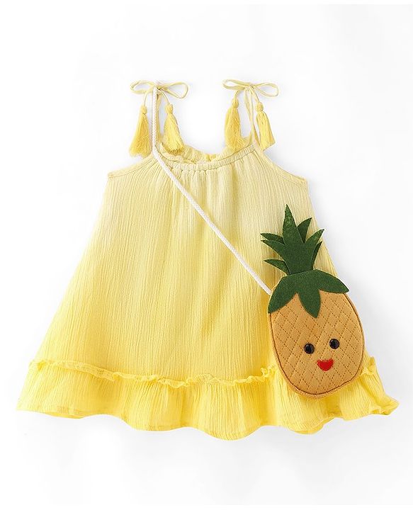 Babyhug Rayon Woven Singlet Sleeves Frock With Ombre Detailing & Pineapple Sling Bag  - Lemon Yellow