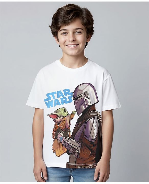 Pine Kids Lucas Cotton Knit Half Sleeves T-Shirt With Front And Back Star Wars Graphics - White