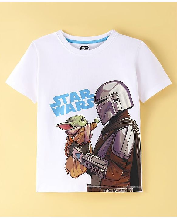 Pine Kids Lucas Cotton Knit Half Sleeves T-Shirt With Front And Back Star Wars Graphics - White