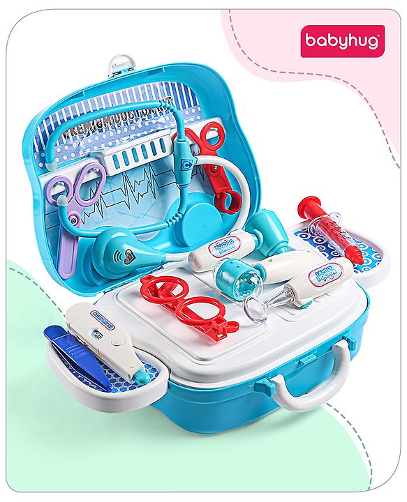 Babyhug Pretend Play Doctor Set with Wheeled Suitcase & LED Lights 15 Pieces - Blue