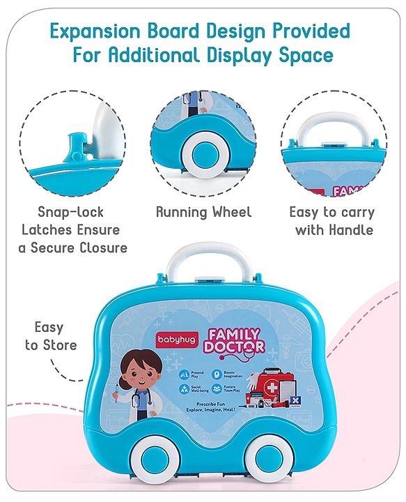 Babyhug Pretend Play Doctor Set with Wheeled Suitcase & LED Lights 15 Pieces - Blue