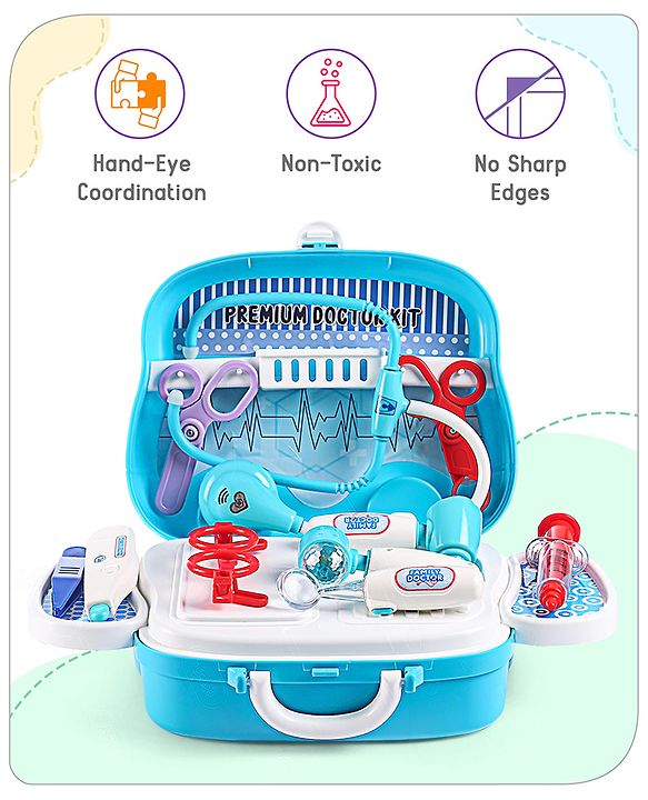 Babyhug Pretend Play Doctor Set with Wheeled Suitcase & LED Lights 15 Pieces - Blue