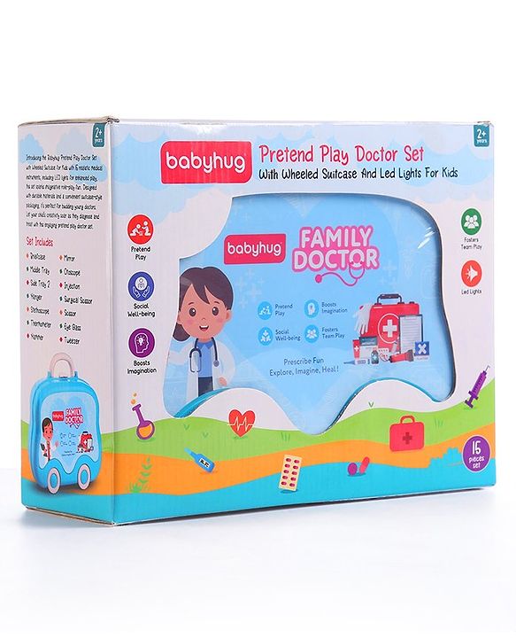 Babyhug Pretend Play Doctor Set with Wheeled Suitcase & LED Lights 15 Pieces - Blue