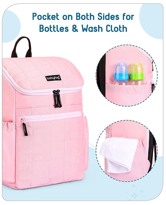 Babyhug Premium Quilted Stylish Water Resistant Diaper Backpack- Light Pink