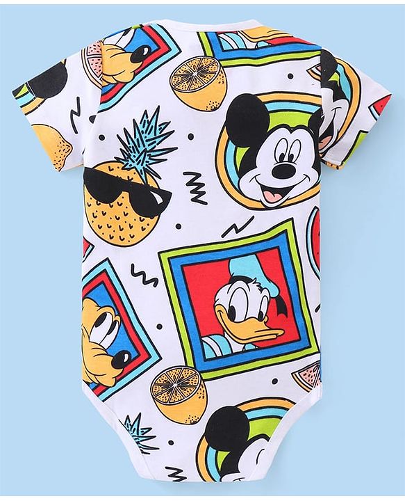 Babyhug Disney Cotton Knit Half Sleeves Mickey Mouse Printed Onesie - White