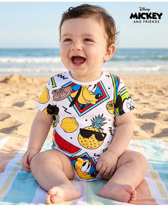 Babyhug Disney Cotton Knit Half Sleeves Mickey Mouse Printed Onesie - White