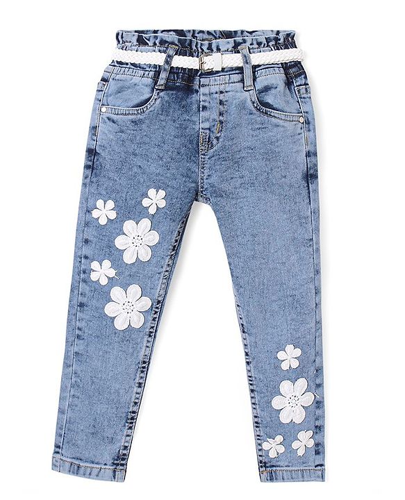 Babyhug  Full Length With Stretch Denim Washed Jeans  with Floral Applique - Blue