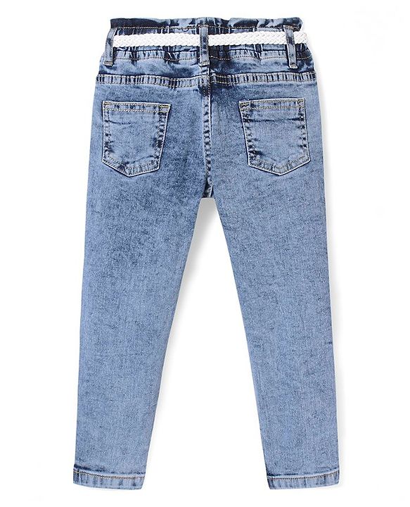 Babyhug  Full Length With Stretch Denim Washed Jeans  with Floral Applique - Blue