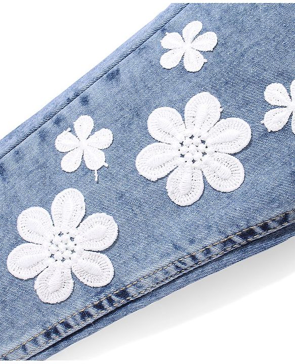 Babyhug  Full Length With Stretch Denim Washed Jeans  with Floral Applique - Blue