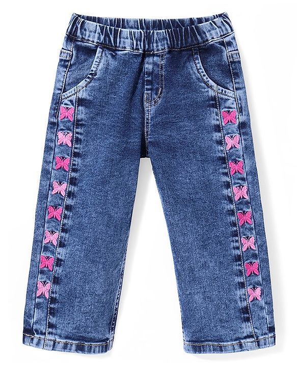 Babyhug Denim Full Length Butterfly Embroidered Stretchable Jeans - Blue