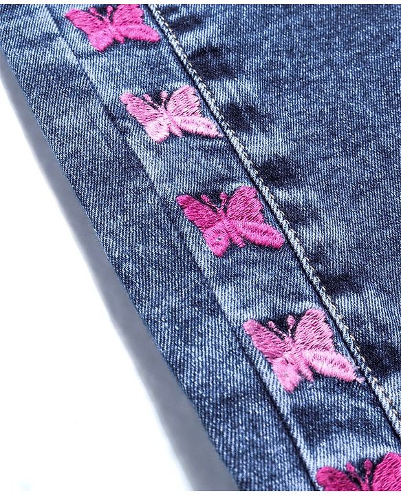 Babyhug Denim Full Length Butterfly Embroidered Stretchable Jeans - Blue