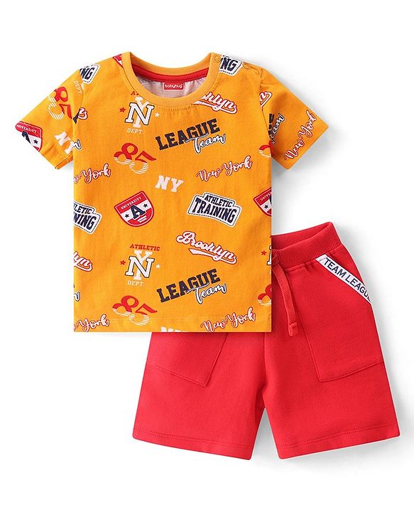 Babyhug Single Jersey Knit Half Sleeves T-Shirt & Shorts With Text Print - Yellow & Red
