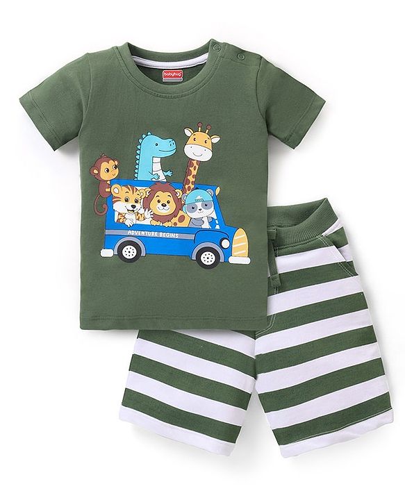 Babyhug Cotton Knit Half Sleeves Jungle Safari Print T-Shirt & Shorts Set - Green