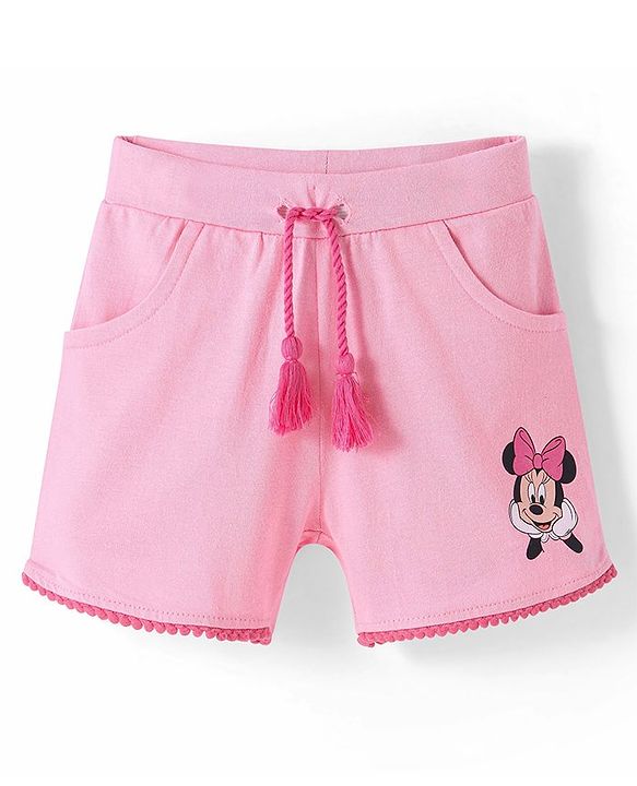Babyhug Disney Cotton Knit Shorts with Minnie Mouse Graphics- Pink