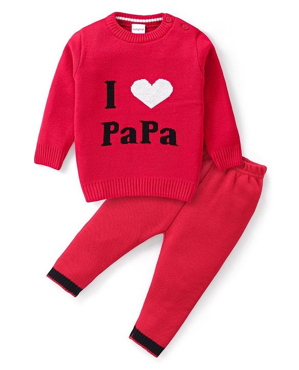 Babyhug Knitted Full Sleeves Sweater Set Text Design - Red