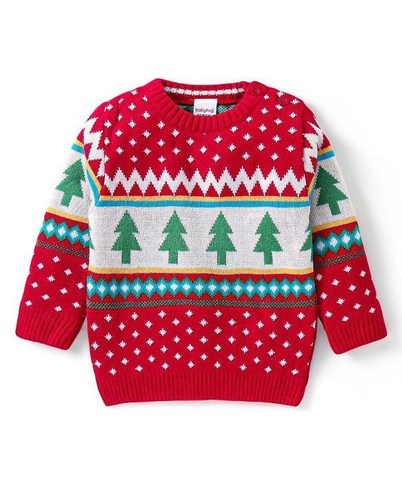 Babyhug Knitted Full Sleeves Baby Sweater Set with Tree Design - Red